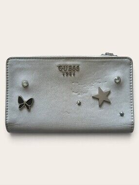GUESS 1981 Silver Metallic Wallet Star Butterfly Rhinestone Studs